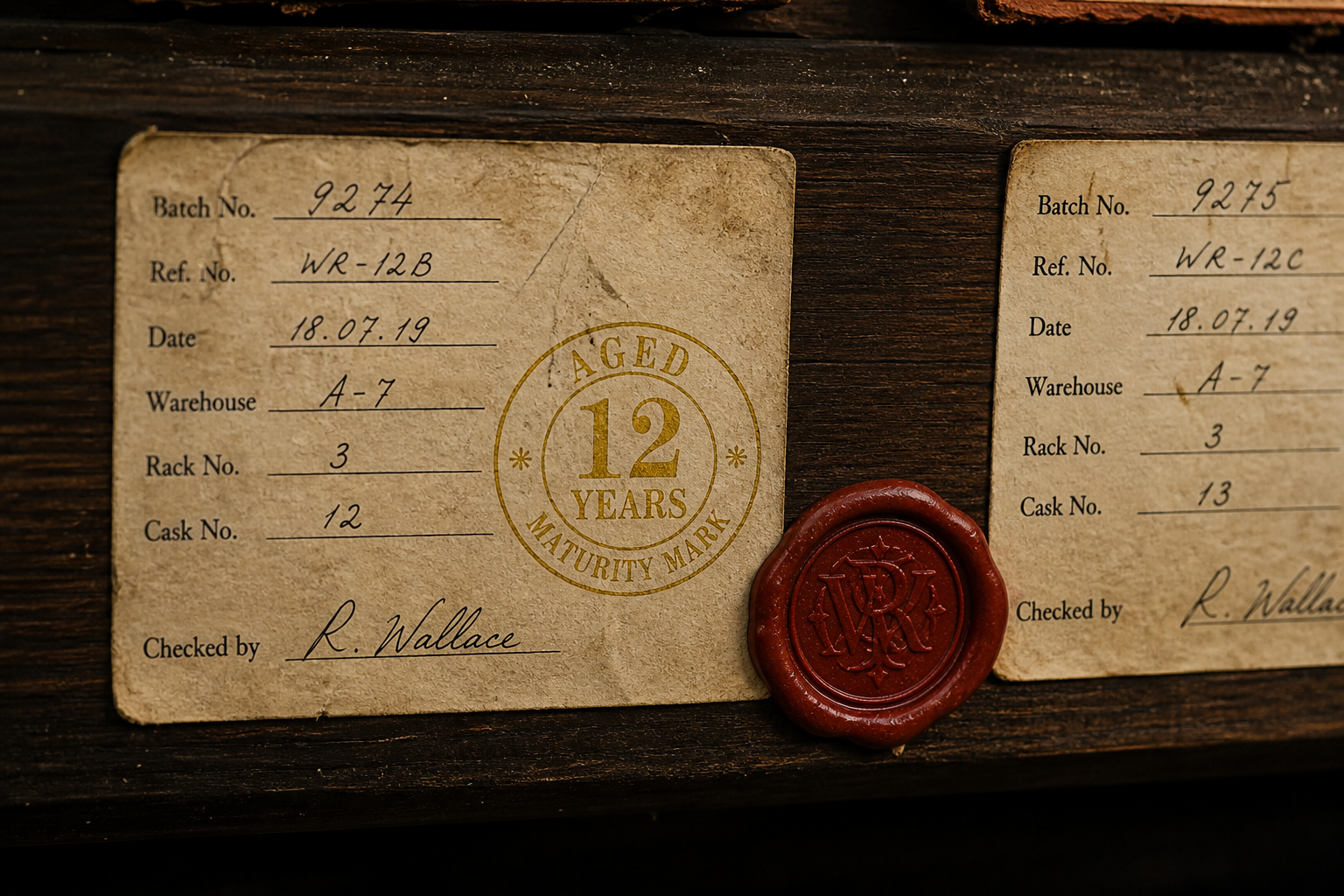 Handwritten batch labels on shelf wood
