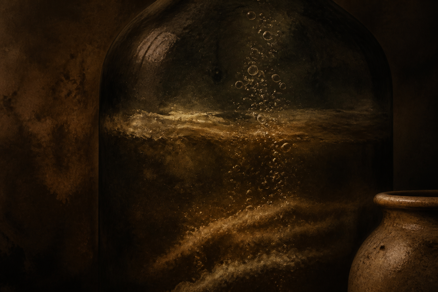 Abstract airlock bubble trails in dark glass