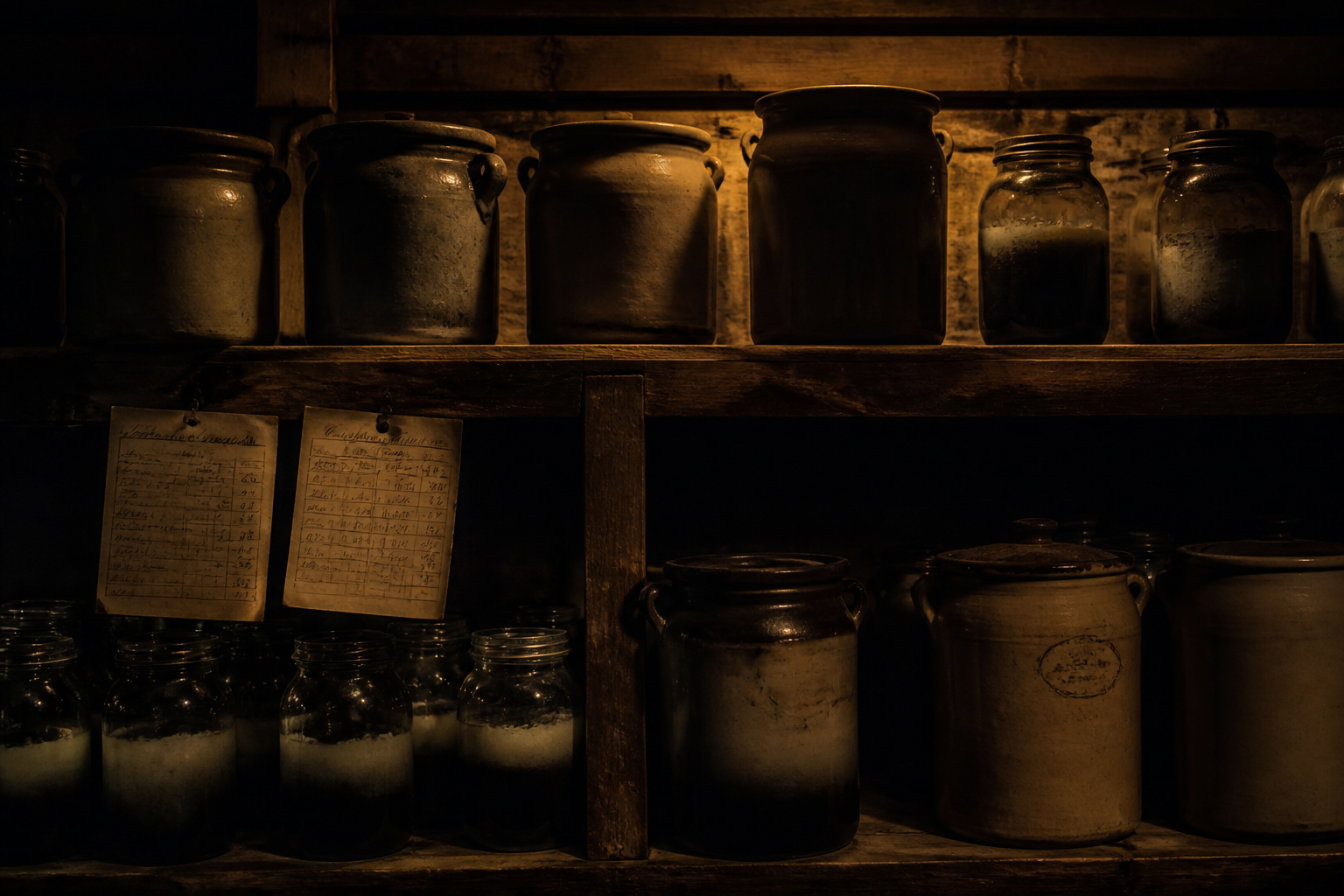 Dark cellar shelves with jar silhouettes