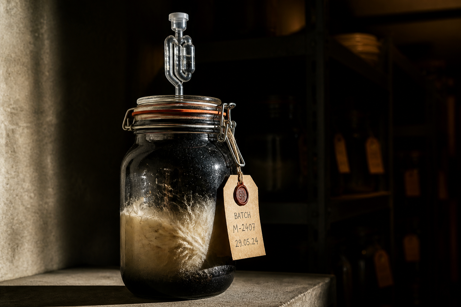 Glass jar with airlock valve on a dark cellar shelf
