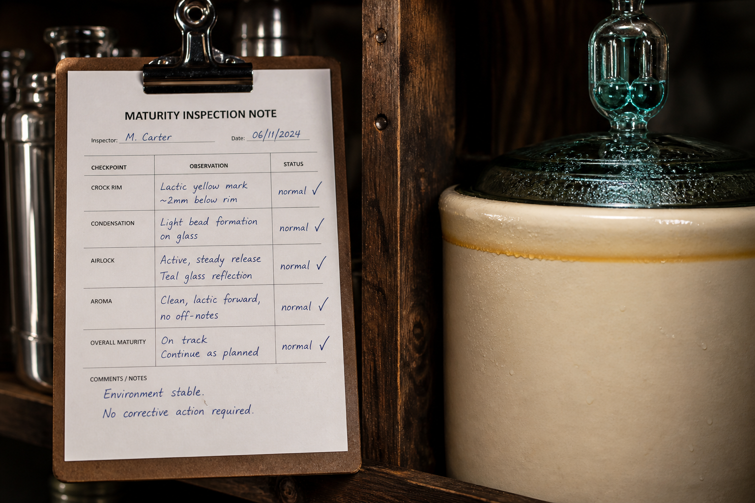 Maturity inspection notes beside crock rim