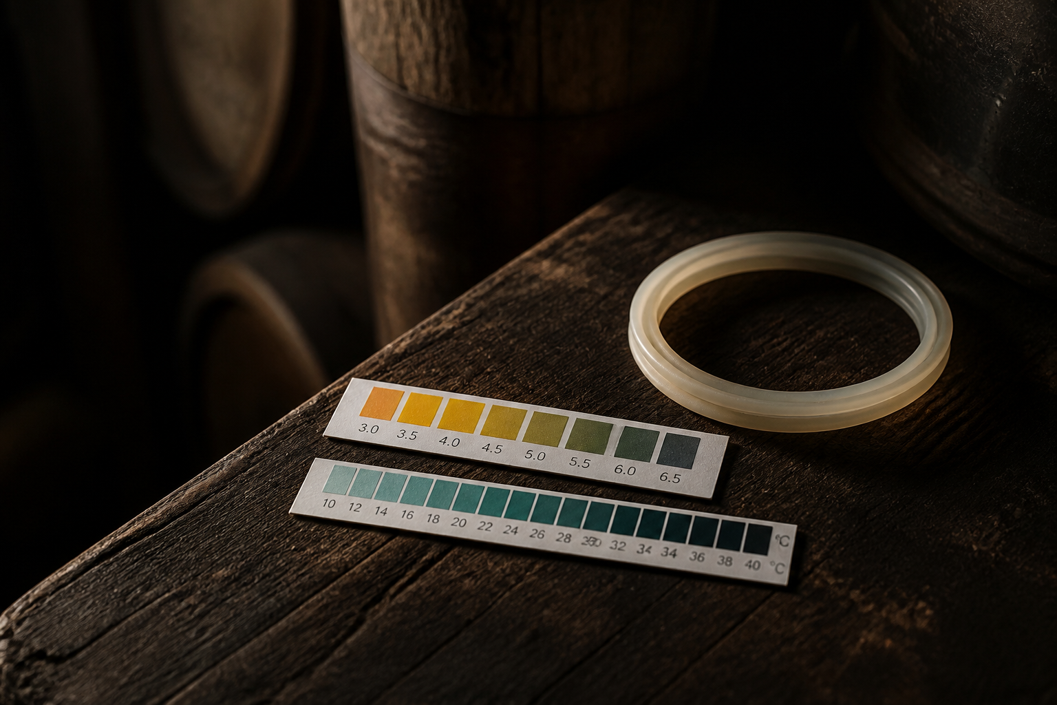 pH strip marks on dark wood